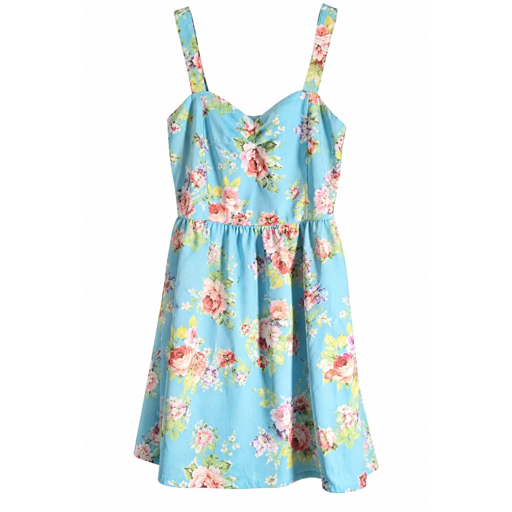 Aqua Turquoise Floral Skater Dress L 11-13 Coquette Cottagecore Fit Flare y2k - Picture 2 of 3